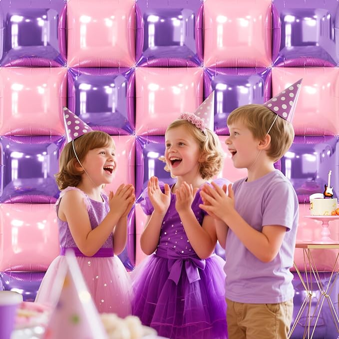 NISOCY 25PCS Pink Purple Square Foil Balloons Wall Backdrop Double Sided Purple Pink Balloons Arch Kit for Birthday Valentine's Day Engagement Bridal Shower Girls Theme Party Decorations