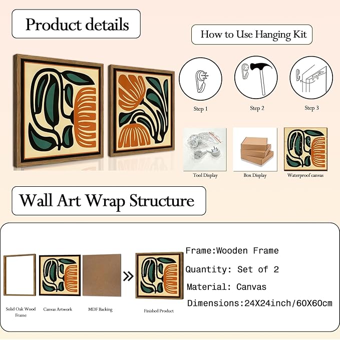 Mid Century Floral Wall Art Set of 2, Modern Square Abstract Botanical Wall Decor Picture, Vintage Boho Eclectic Plant Canvas Prints Paintings for Bedroom Living Room 24x24 inch Wood Framed