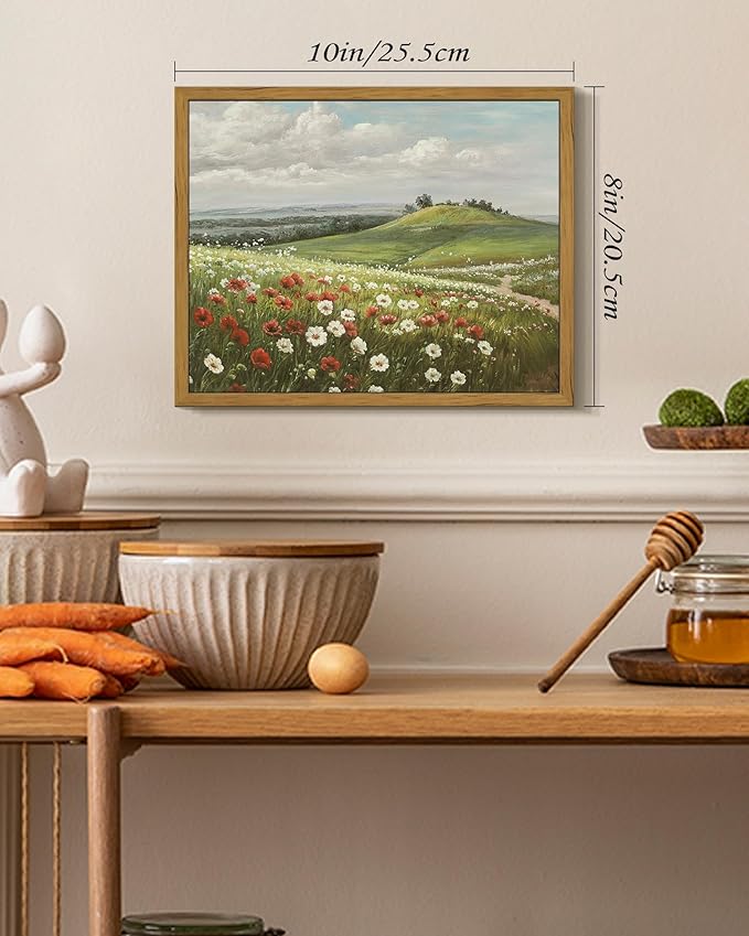 SHENIFY Vintage Landscape Framed Wall Art Meadow with Flowers Scenery Farmhouse Decor Rustic Retro Grassland Floral Field Painting for Kitchen Living Room Bedroom Bathroom - 8x10in Natural Framed