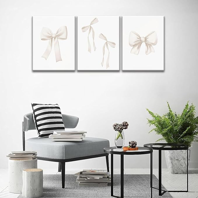 Coquette Beige Bow Wall Art Decor Posters, Cute Bow Bedroom Canvas Wall Art Decor Aesthetic for Teen Girls Room, Preppy Bow Pictures Wall Decor Paintings Prints, 12x16in Framed Set of 3