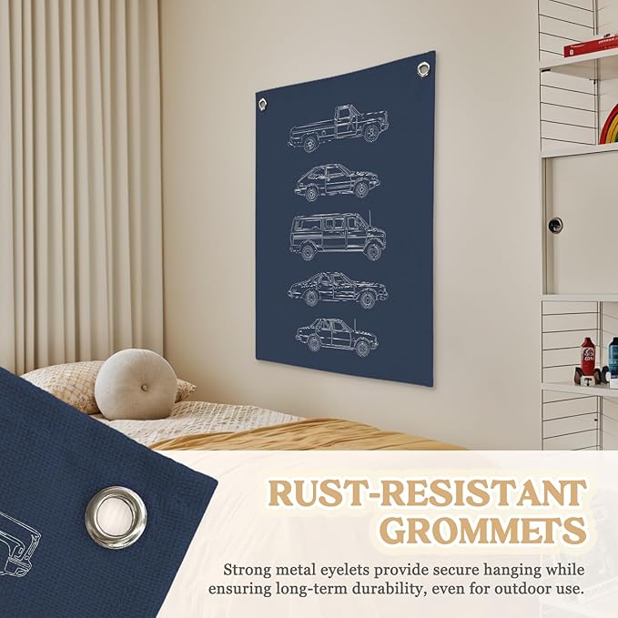 Boy Room Decor,Cars Room Decor for Boys,Vintage Car Decor Linen Canvas Banner,Navy Blue Wall Hanging Pennant Flag for Boys Kids Bedroom Dorm Nursery 18x25 Inch