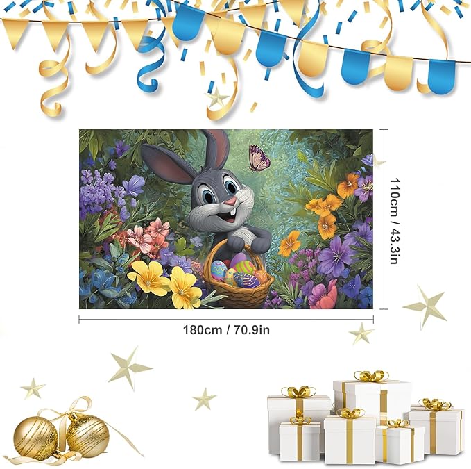 Happy Easter Backdrop 71" X 43" Happy Easter Day Banner Rabbit Party Decorations Bunny Photography Background