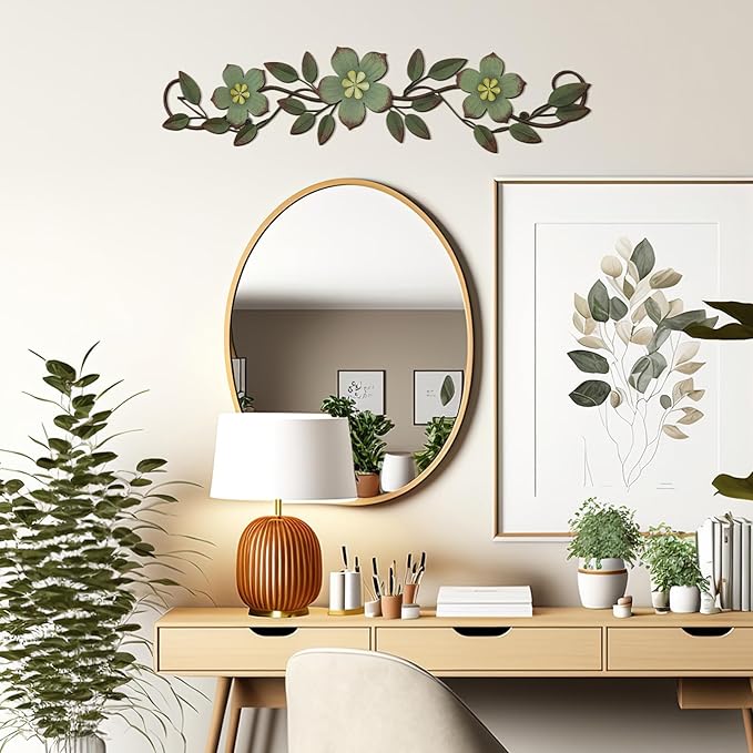 Wesiti Metal Flower Wall Decor Vintage Spring Metal Flower Wrought Iron Scroll Sculpture 15.7''x3.7'' Farmhouse Leaf Wall Decor with Nails for Spring Living Room Bedroom Indoor Outdoor(Green)
