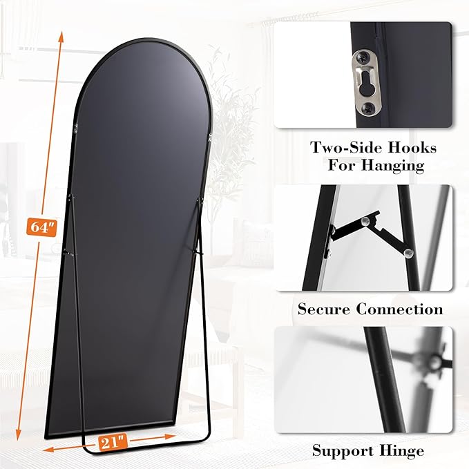 DUMOS Arched Full Length Mirror with Stand 64"x21" Floor Standing Aluminum Frame for Bedroom Body Hanging Leaning Modern Simple Home Decor Shatter-proorf Nano Glass Wall Living Room Cloakroom Black