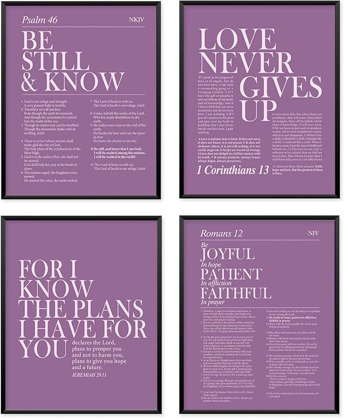 Locomiss Purple Christian Wall Art Decor, Modern Bible Verse Prints, Minimalist Jesus Scripture Wall Decor, Purple Inspirational Bible Posters for Bedroom Office Living Room, Set of 4 (8x10 Unframed)