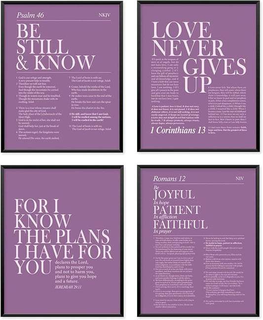 Locomiss Purple Christian Wall Art Decor, Modern Bible Verse Prints, Minimalist Jesus Scripture Wall Decor, Purple Inspirational Bible Posters for Bedroom Office Living Room, Set of 4 (8x10 Unframed)