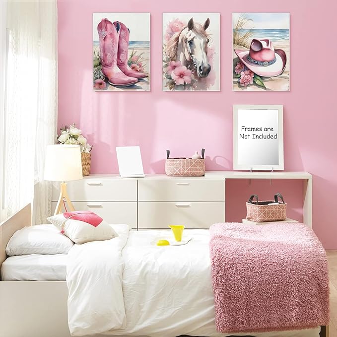 Djmwtb Coastal Cowgirl Canvas Wall Art Western Girl Room Decor Set of 3 Pink Flower Boots Hat Horse Pictures Trendy Preppy Posters Prints Watercolor Painting for Dorm Bedroom 12x16in Unframed