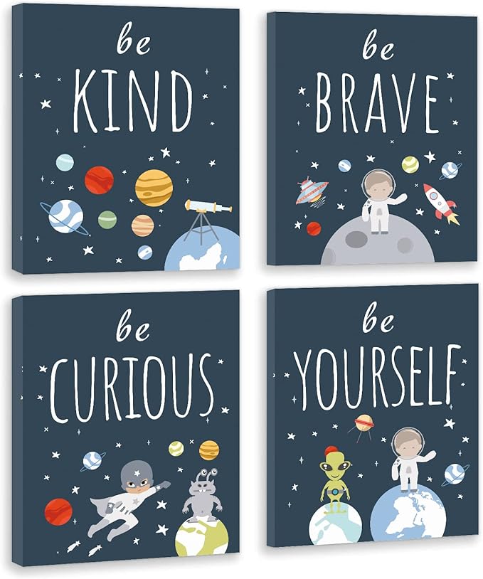 CHDITB Outer Space Canvas Wall Art, Abstract Universe Planet Print, Be Kind Inspirational Space Poster For Kids Room Boys Bedroom Nursery Playroom Decor-Set Of 4 (8” X 10”) Framed Ready To Hang