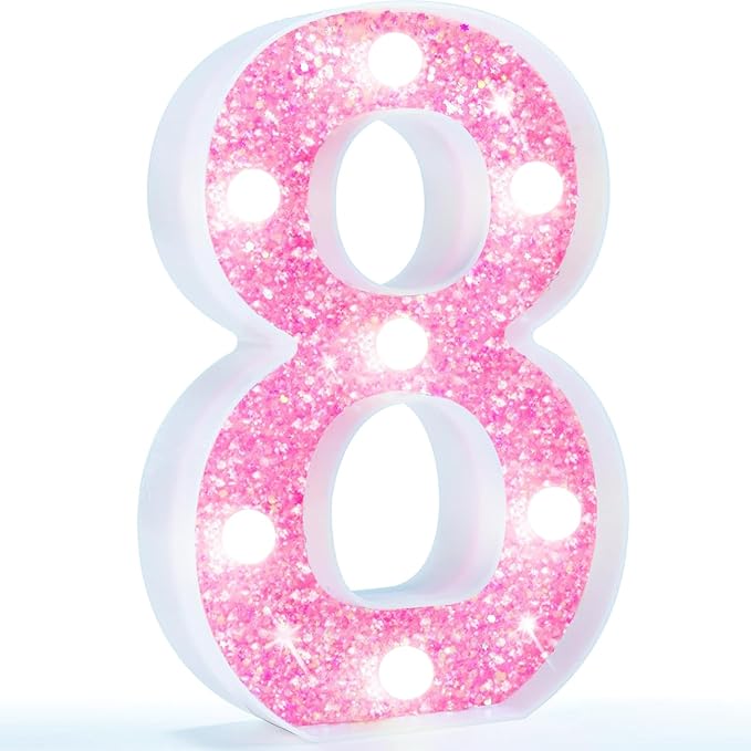 Pooqla Marquee Numbers, Pink Light Up Numbers for Girls 8th Birthday, Battery Powered Glitter Number Night Light Gift for Christmas Bedroom Dorm Room Party Decoration, Cool White Number 8