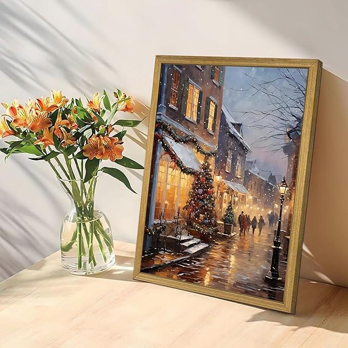 Vintage Christmas Wall Art, Christmas Tree Farm Scene with Red Barn, Rustic Winter Snow Street Canvas Print, Framed Holiday Oil Painting for Living Room Bedroom 12x16 Inch