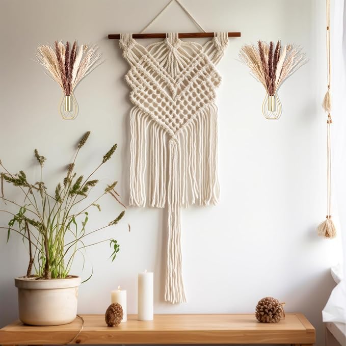 Otoolling Boho Wall Decor Set of 2 – Metal Hanging Wall Art with Faux Pampas,Minimalist Bohemian Accent for Living Room, Bedroom, Entryway(Gold)