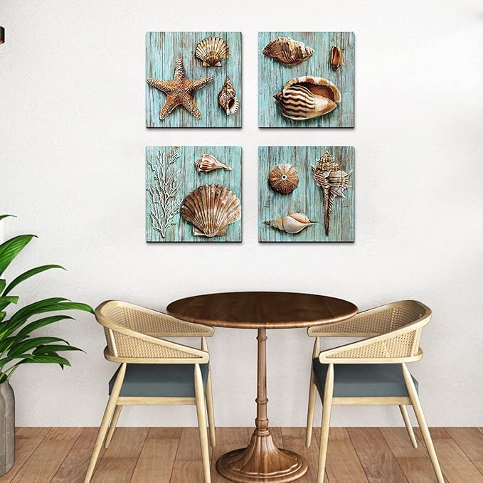 YOOOAHU Seashell Wall Art Vintage Coastal Wall Decor Nautical Bathroom Decor Rustic Beach Theme Pictures Teal Blue Ocean Starfish Canvas Paintings Posters Beachy Artwork Home Decorations 12x12 4 Pcs