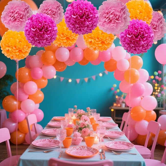 Rose Red,Light Pink and Orange Paper Pom Poms Decorations for Pink Orange Party Ceiling Wall Hanging Tissue Flowers Decorations，12pcs 3 Colors of 12 Inch, 10 Inch