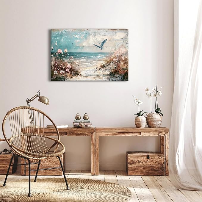Blue Ocean Canvas Wall Art Coastal Picture Seagull Wall Decor for Bedroom Beach Poster Seabird Painting Pink Flower Picture Vintage Seascape Nautical Artwork for Kitchen Living Room Home Decor 24x36"