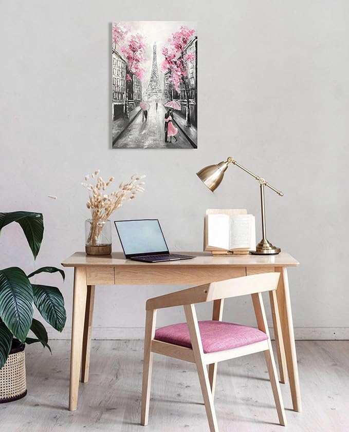 YPY Abstract Paris Canvas Wall Art: Black White Eiffel Tower Hand Painted Oil Painting, Pink and Grey Picture Print Room Decor for Teen Girls Bedroom Bathroom 16" x 24"