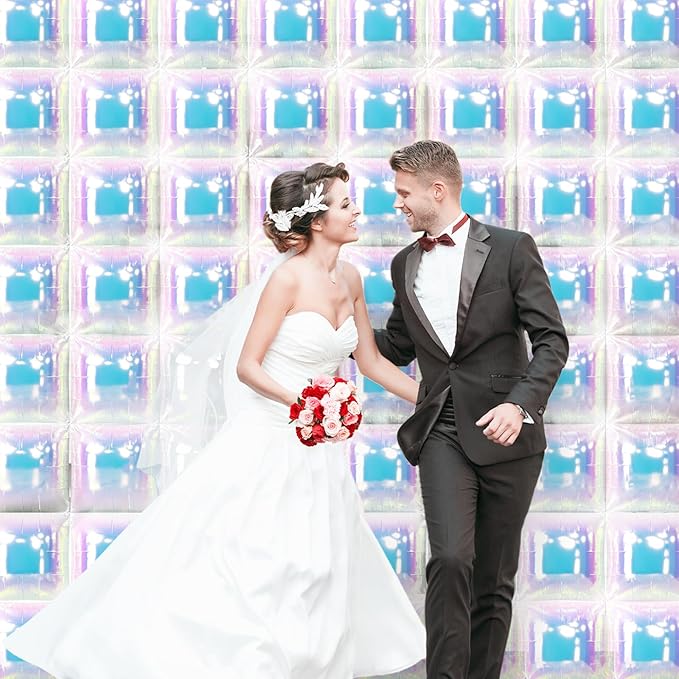 NISOCY 48PCS Iridescent Square Foil Balloons Wall Backdrop Holographic Balloons Tunnel Garland Arch Kit for Birthday Wedding Graduation Bridal Baby Shower New Year Rainbow Party Decorations