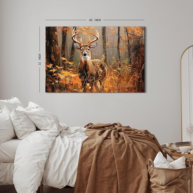 Fall Forest Wall Art Deer Wall Decor Rustic Wildlife Animal Painting Nature Autumn Landscape Canvas Prints Maple Leaves Picture Farmhouse Elk Artwork for Kitchen Living Room Home Decoration 32x48"