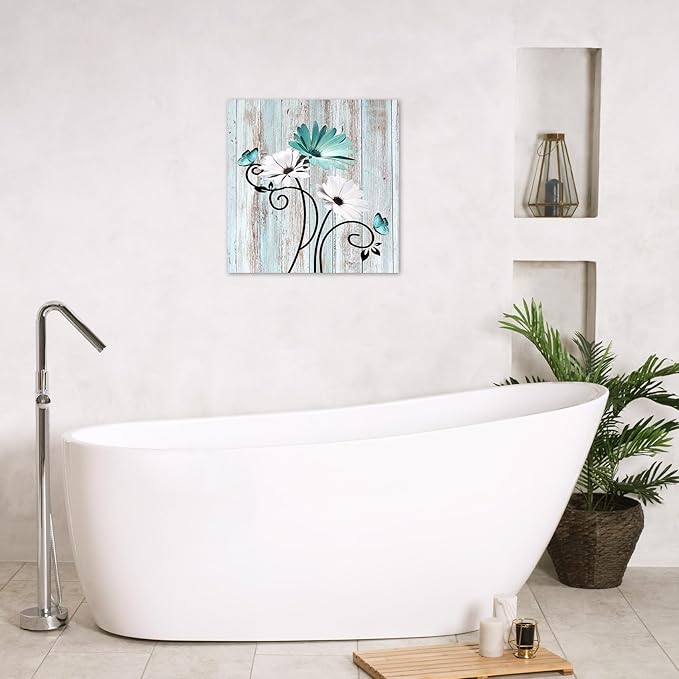 HVEST Floral Butterfly Wall Art for Living Room Teal Turquoise Bathroom Wall Decor, Rustic Farmhouse Daisy Framed Wall Art for Bedroom Kitchen Home Office, 12L x 12W Inches