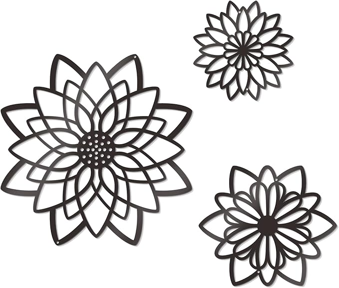 Zzbakress 3 Pcs Metal Flowers Wall Decor Black Wall Decor Metal Flower Art Farmhouse Wall Art Multiple Flowers Hanging Decor for Bathroom Living Room Kitchen Garden Office (Black Concise)
