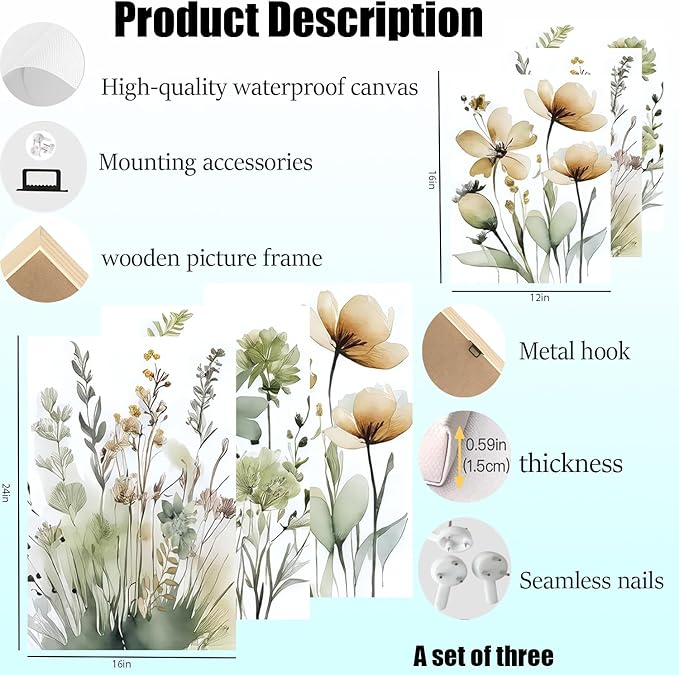 Sage Green Botanical Wall Art Set of 3 Boho Floral Art Wall Decor Minimalist Flower Posters Prints Pictures for Living Room Bedroom Bathroom or Entryway Decoration12x16 Inch Framed