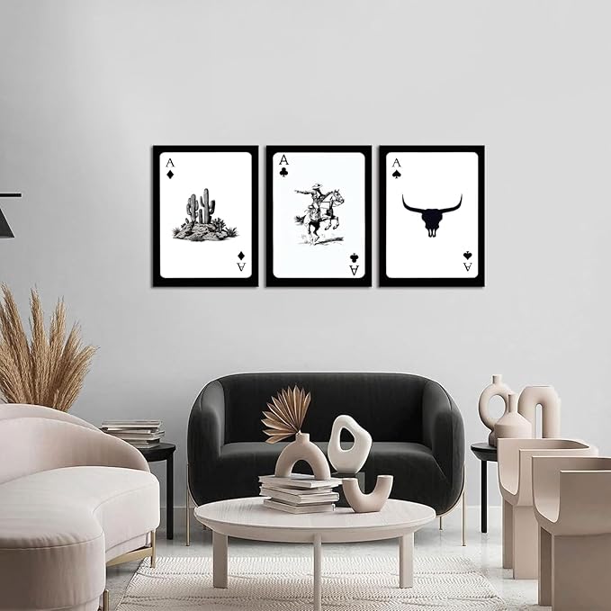 Western Cowboy Wall Art Set of 3 Southwestern Cowboy Print Playing Card Canvas Wall Decor Longhorn Bull Skull Poster Picture Prints Painting for Bedroom Living Room 12x16 In Framed