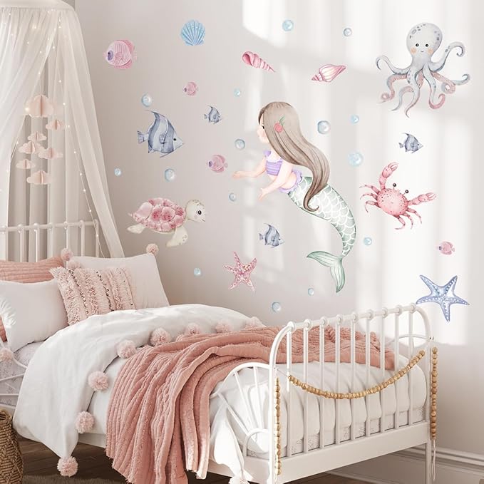 Mermaid Wall Decals，Under The Sea Animals Wall Stickers，Baby Girls Mermaid Wall Decals Stickers，Ocean Fish Turtle Wall Stickers Bathroom Girls Bedroom Baby Nursery Wall Decoration.