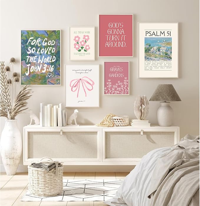 Bible Verse Wall Art Christian Canvas Wall Decor Aesthetic Scripture Wall Art Preppy Religious Posters Jesus Painting Floral Bow Pictures Vintage Prints for Living Room Bedroom 8x10x6 Inch Unframed