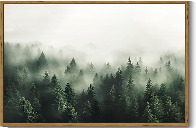 SHENIFY Green Fog Pine Tree Forest Vintage Framed Wall Art Modern Landscape Scenery Farmhouse Artwork Prints Decor for Hallway Living Room Bedroom Dining Room - 16x24in Natural Framed