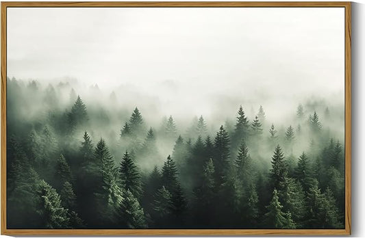 SHENIFY Green Fog Pine Tree Forest Vintage Framed Wall Art Modern Landscape Scenery Farmhouse Artwork Prints Decor for Hallway Living Room Bedroom Dining Room - 16x24in Natural Framed