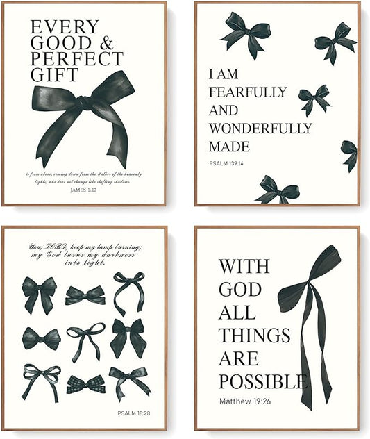 LARTSFRO Coquette Black Bow Bible Wall Art Decor Posters, Black Bow Room Bedroom Bathroom Dorm Wall Art Decor Aesthetic for Teen Girls Gifts, Inspirational Bible Verses Bow Wall Decor, 12x16 Inch Set of 4 Pcs Bow Pictures (UNFRAMED)