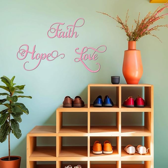 ESTART Faith Hope Love 3 Pieces Metal Wall Decor Inspirational Pink Letter Sign Wall Art Rustic Vintage Farmhouse Word Metal Sign Family Wall Decor for Home Bedroom Living Room (Pink)