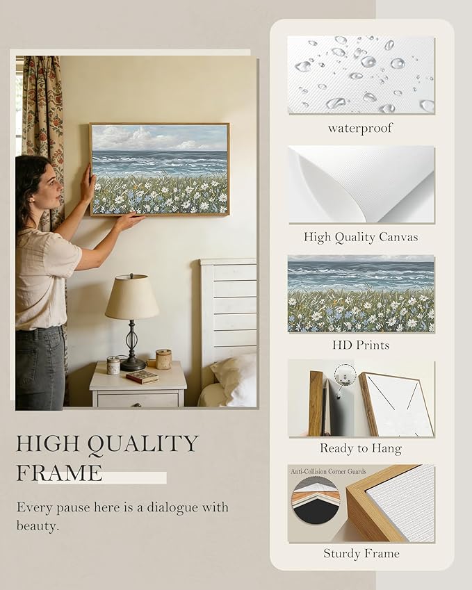 SHENIFY Vintage Landscape Framed Wall Art Sea Coastal Wildflower Field Scenery Farmhouse Decor Retro Painting for Living Room Bedroom Ready to Hang Wall Artwork - 16x24in Natural Framed