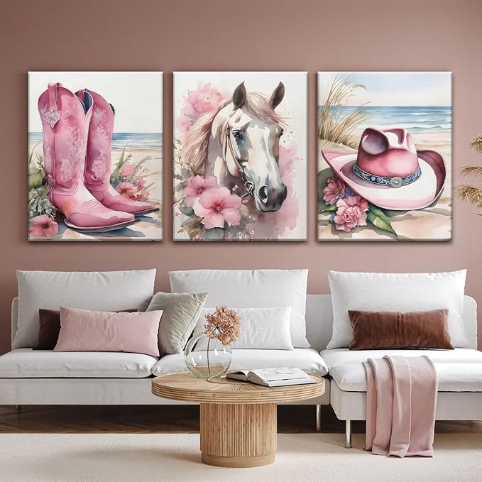 Djmwtb 3 Piece Canvas Wall Art Western Wall Decor Cowgirl Pictures Horse Prints Coastal Painting Pink Artwork for Bedroom Bathroom 12x16in Framed