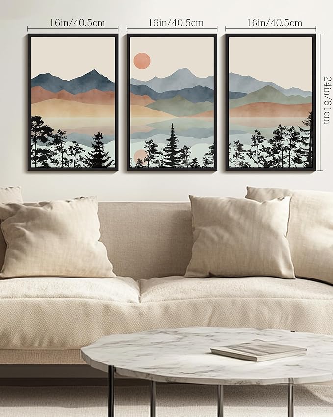 Drsoum Mountain Range Landscape Wall Art Framed Ink Wash Watercolor Nature Wall Decor Laker Sun Rises Prints Bedroom Living Room Ready to Hang 16x24in Black Framed