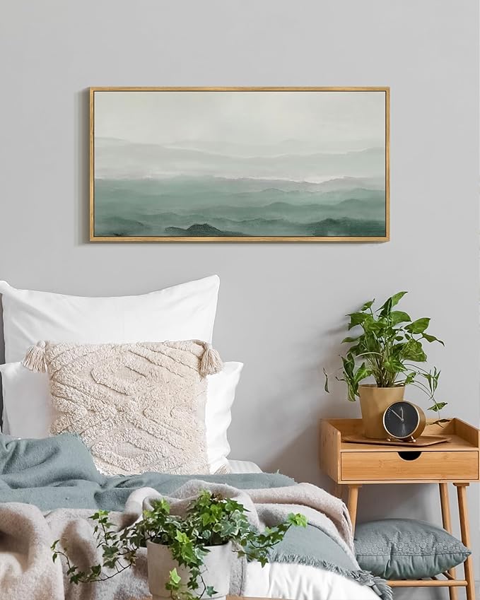SHENIFY Vintage Landscape Framed Wall Art Foggy Mountain Farmhouse Decor Retro Wilderness Illustrations Decorative for Kitchen Bedroom Living Room Bathroom - 8x16in Natural Framed