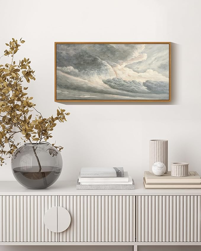 SHENIFY Vintage Framed Wall Art Clouds in the Sky Landscape Painting Retro Cloudy Scenery Farmhouse Kitchen Living Room Decor - 8x16in Natural Framed