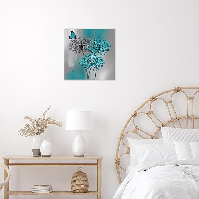 LB Dandelion Canvas Wall Art Teal Grey Dandelion with Butterfly on Abstract Background Wall Art Plant Wall Decor for Living Room Bedroom Bathroom Office Home Framed Ready to Hang 12L x 12W Inch