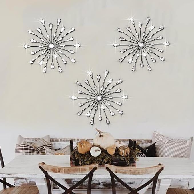 ZEXUIRU 3 Pack Black Sunburst Wall Decor – Metal Crystal Wall Art with Sparkling Rhinestones, 14’’/18 Inch Starburst Wall Hanging Set for Living Room Bedroom Bathroom – Modern Bling Home Decorations