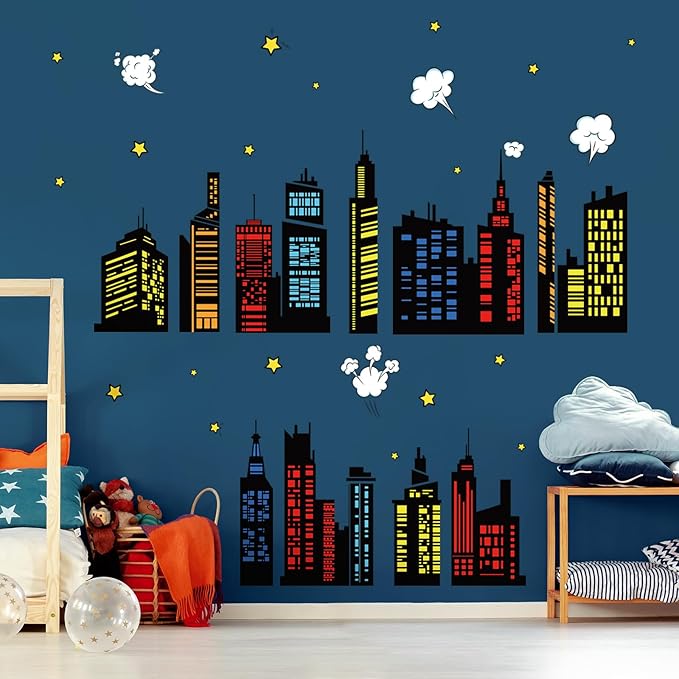 decalmile Colorful City Skyline Wall Decals Hero City Building Stars Wall Stickers Bedroom Playroom Toddler Room Wall Decor