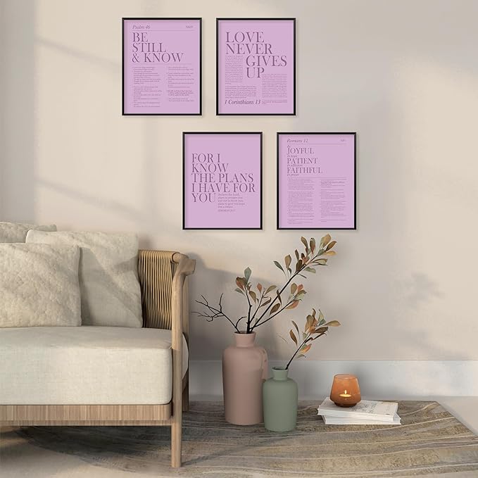 Locomiss Purple Christian Wall Art Decor, Modern Bible Verse Prints, Minimalist Jesus Scripture Wall Decor, Inspirational Bible Posters for Bedroom Office Living Room, Set of 4 (8x10 Unframed)