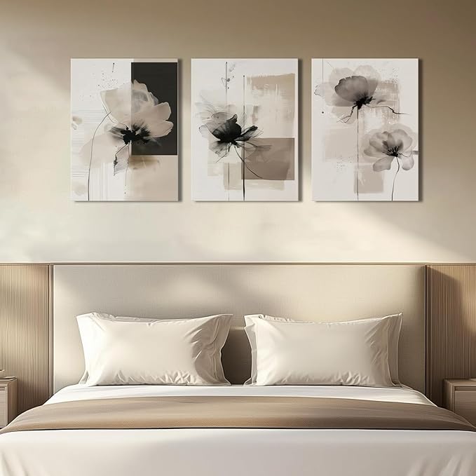 Neutral Abstract Floral Canvas Wall Art Modern Large Minimalist Wall Decor Contemporary Beige Black Flower Posters Prints Picture for Living Room Bedroom Bathroom Office 12x16 In Framed