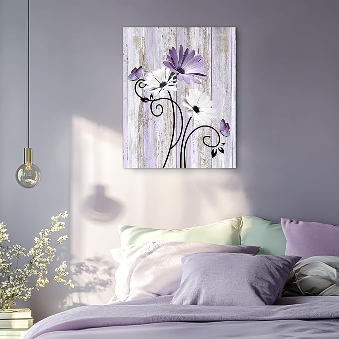 HVEST Purple Floral Daisy Wall Art Lavender Flower and Butterfly Rustic Botanical Abstract Painting Farmhouse Plant Wall Art for Bathroom Living Room Bedroom Decor Ready to Hang, 16Lx12W Inches