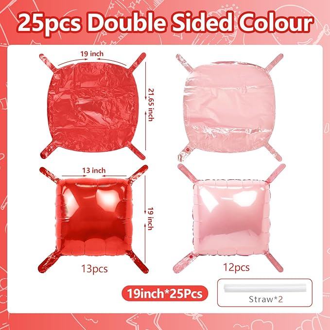NISOCY 25PCS Red and Pearl Pink Square Foil Balloons Wall Backdrop Double Sided Red Pink Balloon Arch Kit for Birthday Bachelorette Anniversary Engagement Valentine's Day Strawberry Party Decoration