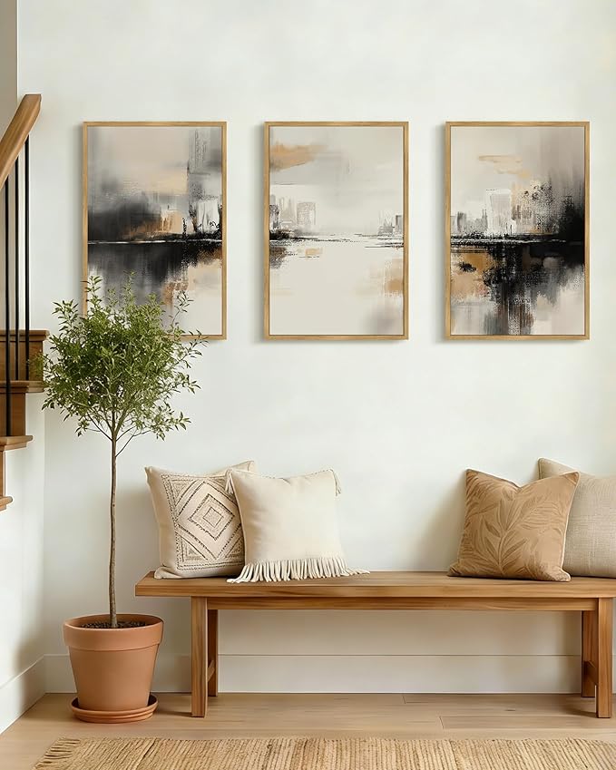 Drsoum Vintage Black Gray Abstract Wall Art Framed Brown Tan Neutral Prints Minimalist Modern Rustic Artwork Bedroom Living Room Ready to Hang 16x24in Natural Framed