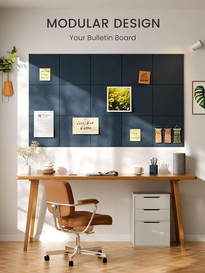 Bumusty Large Cork Board 36" x 24" Alternative - 6 Pack Felt Wall Tiles with 40 Safe Removable Adhesive Tabs, 30 Pushpins, Cork Boards for Walls Pin Board Bulletin Board Office Decor (Navy Blue)