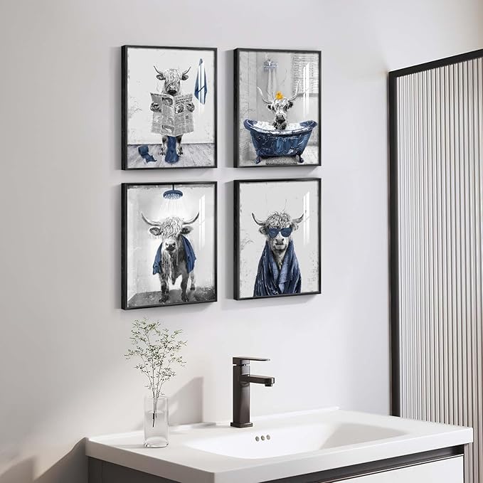 Framed Funny Highland Cow Wall Art for Bathroom Wall Decor, Set of 4 Piece Farm Fun Animal Navy Blue Prints Artwork for Walls, Cute Cow sitting on Toilet in Bathtub Pictures for Bathroom Decor Wall Art 11x14 Inch