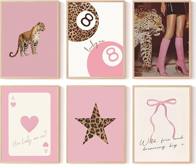 6Pcs Trendy Pink Leopard Wall Art Preppy Leopard Posters Prints Funky Coquette Cheetah Wall Decor with Lucky 8 Ball Bow Artwork for Girls Bedroom Apartment Dorm 12x16Inch 6Pcs Unframed