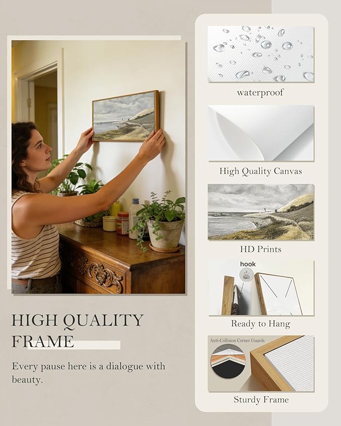 SHENIFY Vintage Framed Wall Art Coastal Seascape Landscape Painting Retro Meadow Scenery Farmhouse Kitchen Living Room Decor - 8x16in Natural Framed