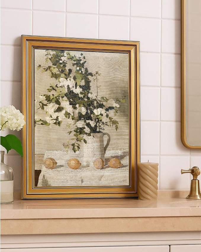 ARPEOTCY Gold Framed Canvas Art Prints,12x16inch, Vintage Lemons and Floral Art Painting, Rustic Farmhouse Decor for Kitchen Dining Room Bedroom Bathroom Shelf, Country Still Life Pictures