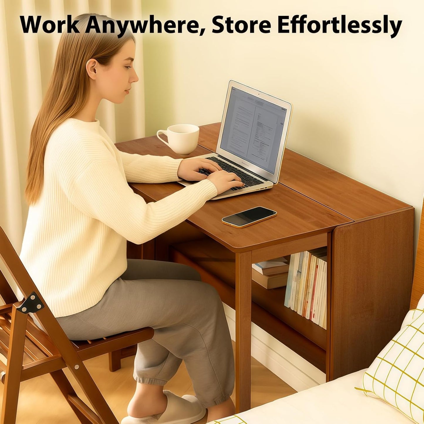 31.5" Bamboo Folding Desk,Space-Saving Computer Desk for Small Spaces, Foldable Study Table for Bedroom, Home Office, Dorm, Apartment（Brown